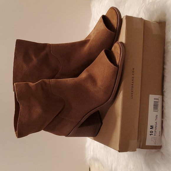 Lucky Brand Ryemi Suede Slouchy Peep Toe Bootie In Tan Block Heel Size 10 - Picture 2 of 7